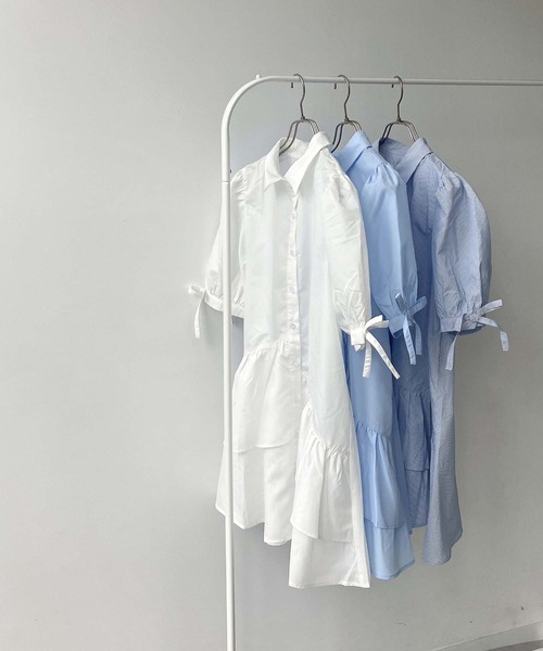 AS KNOW AS plus（アズノゥアズプラス）の「●デザインフリル ティアード5分袖チュニックワンピース（チュニック・レディース・ブルー系その他/サックスブルー/オフホワイト・FREE）」の8枚目の写真