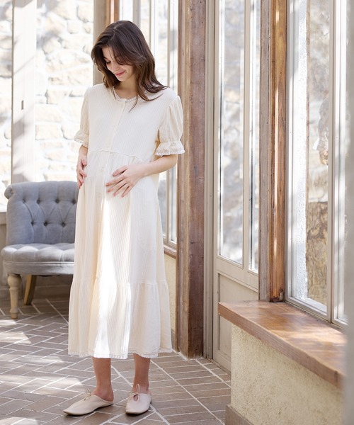 ノラベル様お取り置き　マリブフライス ロングスリーブカットソー　ホワイト セール】リブ×レース おそろママパジャマ（半袖）（マタニティ/授乳服