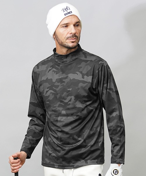 DIVINER GOLF】カモ柄ストレッチモックネックロンT 長袖Tシャツ メンズ