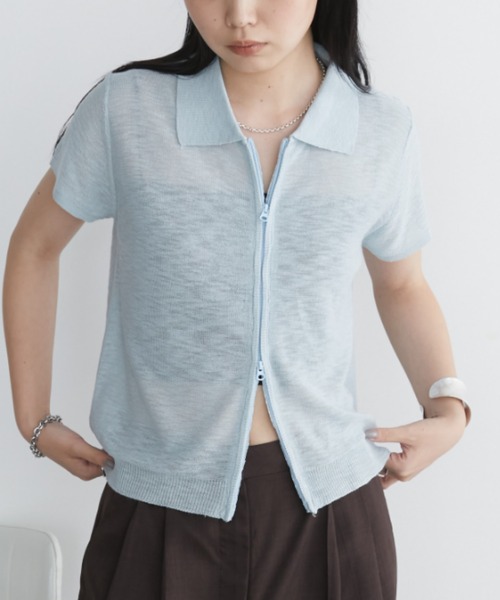 Aunt Marie's(アントマリーズ)の「フロントジップシアーハーフスリーブポロトップス(ポロシャツ・レディース・ライトブルー/ブラック/アイボリー/ライトイエロー・FREE)」の13枚目の写真