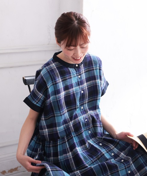 soulberry(ソウルベリー)の「袖アリ!なノースリの青いチェックワンピース(シャツワンピース・レディース・ブルー・L/M/LL/3L/4L/5L)」の6枚目の写真