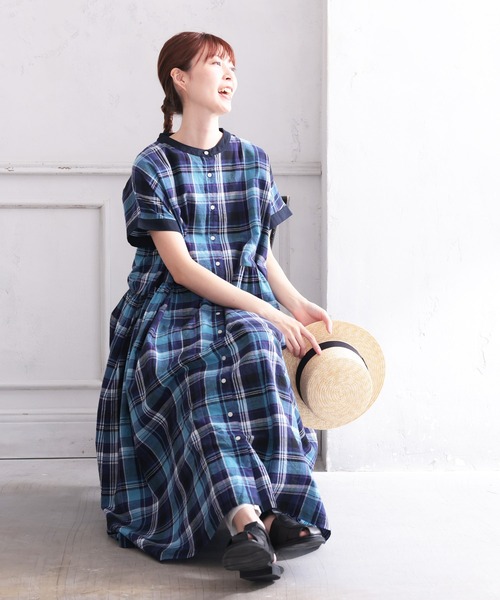 soulberry(ソウルベリー)の「袖アリ!なノースリの青いチェックワンピース(シャツワンピース・レディース・ブルー・L/M/LL/3L/4L/5L)」の9枚目の写真