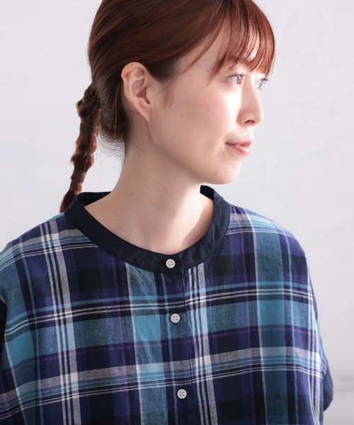 袖アリ！なノースリの青いチェックワンピース（シャツワンピース