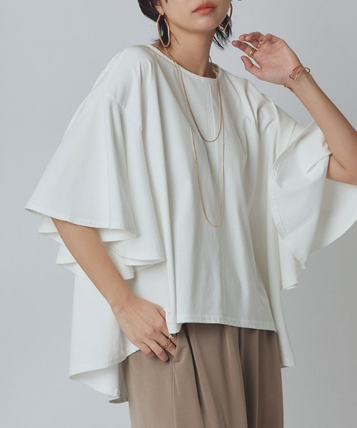 RASW(ラス)の「オーバーフリルTシャツ(Tシャツ/カットソー・レディース・オフホワイト/チャコール・M/L)」の4枚目の写真