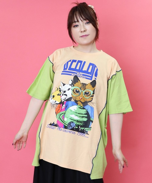 スカラー152708：惑星とネコ柄 切替チュニック ScoLar チュニック 152708：惑星とネコ柄 切替チュニック