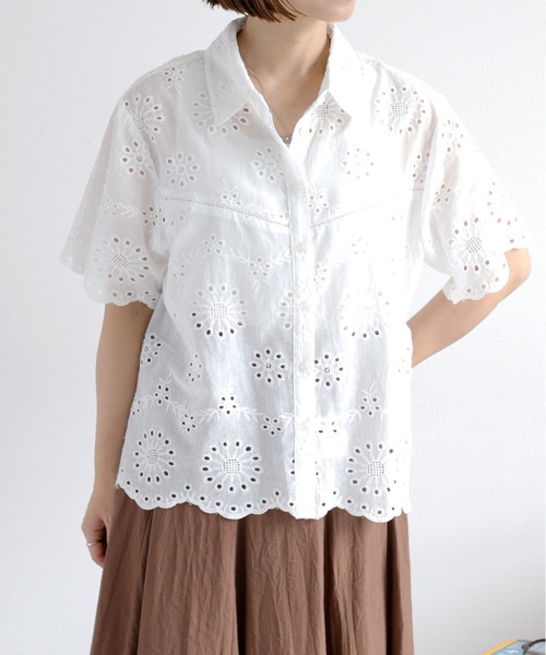 セール】スカラップレース刺繍 コットンシャツブラウス（シャツ