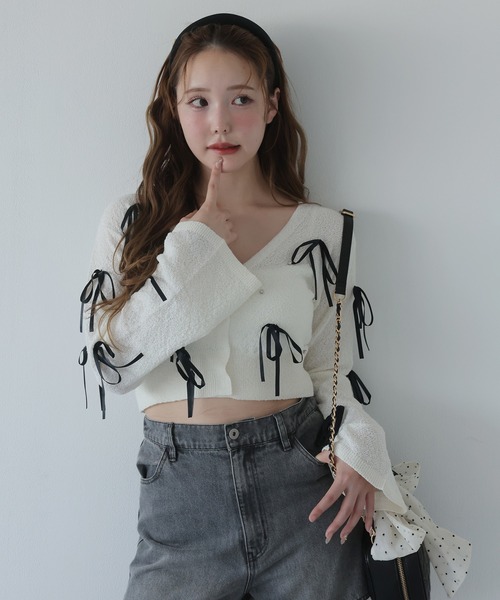 one after another NICE CLAUP(ワンアフターアナザーナイスクラップ)の「【Mode Ribbon Collection】リボンカーディガン(カーディガン/ボレロ・レディース・ブラック/アイボリー・FREE)」の20枚目の写真