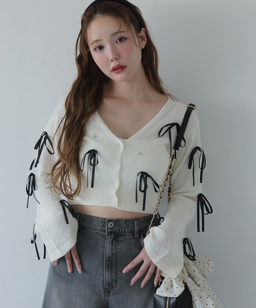 one after another NICE CLAUP(ワンアフターアナザーナイスクラップ)の「【Mode Ribbon Collection】リボンカーディガン(カーディガン/ボレロ・レディース・ブラック/アイボリー・FREE)」の21枚目の写真