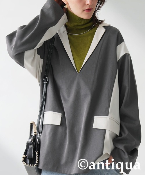 antiqua(アンティカ)の「配色切り替えプルオーバー(その他トップス・レディース・ブラック/グレー・ONESIZE)」の2枚目の写真