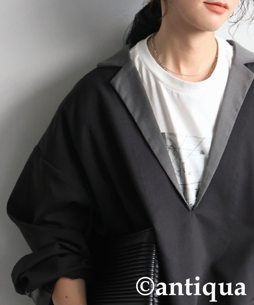 antiqua(アンティカ)の「配色切り替えプルオーバー(その他トップス・レディース・ブラック/グレー・ONESIZE)」の4枚目の写真