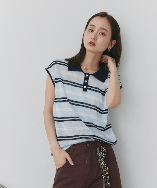 ad thie（アドティエ）の「シアーフレンチスリーブ ボーダーポロトップス（ニット/セーター・レディース・レッド/ライトグレー/ライトブルー・FREE）」の17枚目の写真