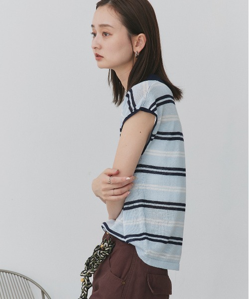 ad thie（アドティエ）の「シアーフレンチスリーブ ボーダーポロトップス（ニット/セーター・レディース・レッド/ライトグレー/ライトブルー・FREE）」の18枚目の写真