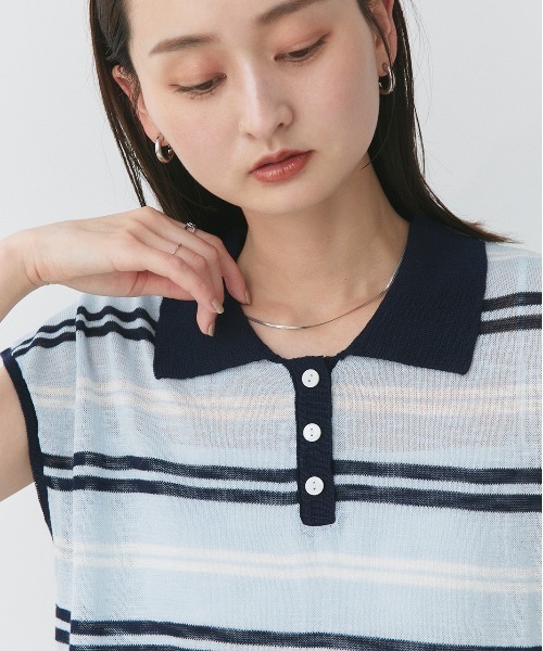 ad thie（アドティエ）の「シアーフレンチスリーブ ボーダーポロトップス（ニット/セーター・レディース・レッド/ライトグレー/ライトブルー・FREE）」の20枚目の写真