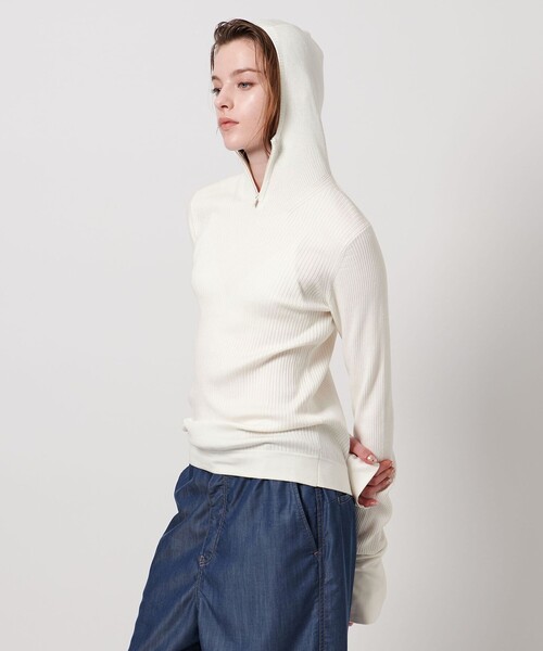 ASTRAET(アストラット)の「<ASTRAET>フーデッド リブニット(ニット/セーター・レディース・ブラック/ホワイト・FREE)」の6枚目の写真