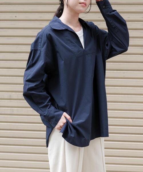 FORK&SPOON(フォークアンドスプーン)の「FORK&SPOON スキッパーロングシャツ(シャツ/ブラウス・レディース・ネイビー/ベージュ・1)」の1枚目の写真