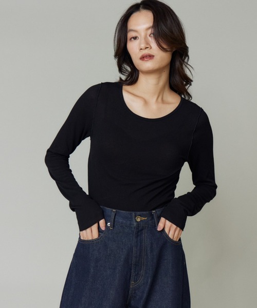 I.T.'S international(イッツインターナショナル)の「シアーテレコクルーネックプルオーバー(Tシャツ/カットソー・レディース・ブラック/オフホワイト・11号/9号)」の2枚目の写真