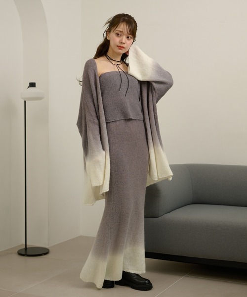 LAULEN(ローレン)の「gradation gown knit 3set up /配色グラデーションガウンニットセットアップ(セットアップ・レディース・グレー/マスタード・FREE)」の1枚目の写真