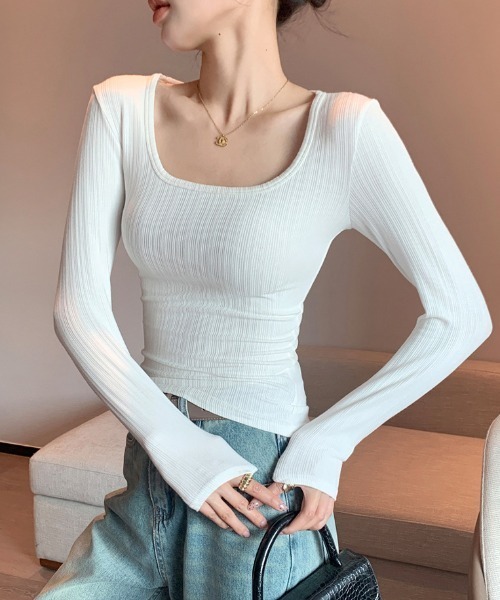 Teem Store(チームストア)の「ベーシックUネックリブロンT(Tシャツ/カットソー・レディース・チャコール/ホワイト/グレー/ブラック・F)」の21枚目の写真