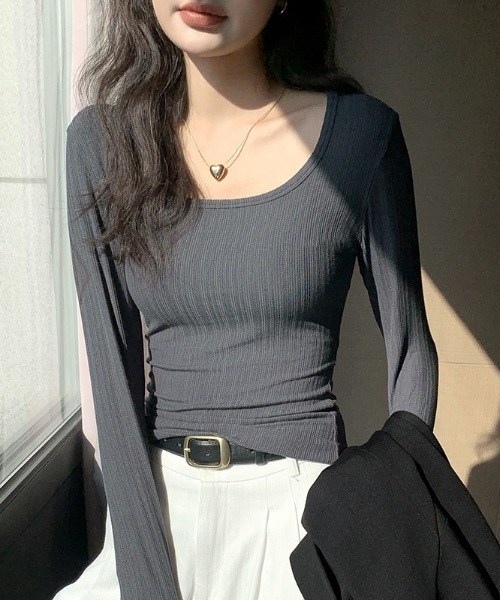 Teem Store(チームストア)の「ベーシックUネックリブロンT(Tシャツ/カットソー・レディース・チャコール/ホワイト/グレー/ブラック・F)」の18枚目の写真