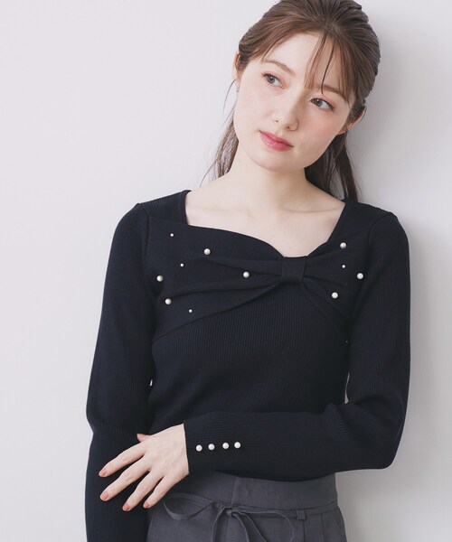 index（インデックス）の「リボンパール調リブニット【洗濯機OK】（ニット/セーター・レディース・グリーン系/ネイビー/オフホワイト・36/38/40/42）」の3枚目の写真