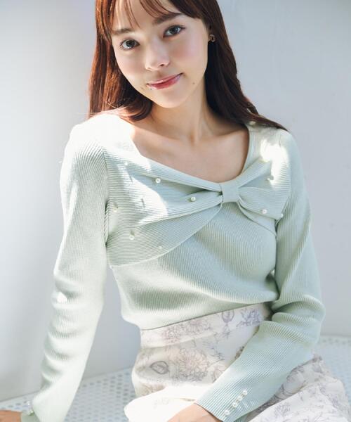 index（インデックス）の「リボンパール調リブニット【洗濯機OK】（ニット/セーター・レディース・グリーン系/ネイビー/オフホワイト・36/38/40/42）」の4枚目の写真