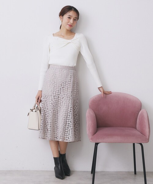 index（インデックス）の「リボンパール調リブニット【洗濯機OK】（ニット/セーター・レディース・グリーン系/ネイビー/オフホワイト・36/38/40/42）」の6枚目の写真