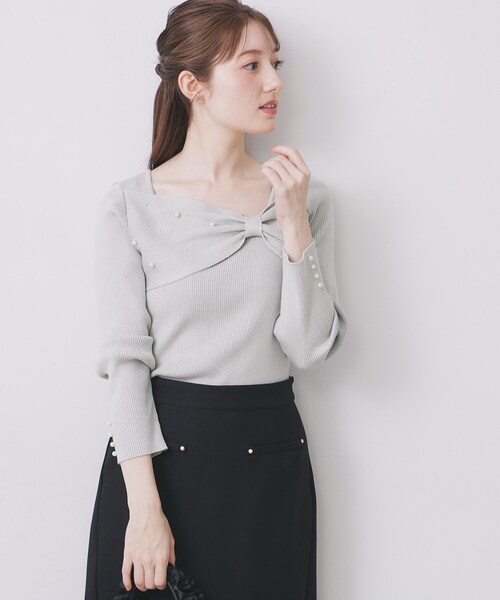 index（インデックス）の「リボンパール調リブニット【洗濯機OK】（ニット/セーター・レディース・グリーン系/ネイビー/オフホワイト・36/38/40/42）」の9枚目の写真