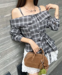 CHARME BY MICOLA（シャルムバイミコラ）の「チェック柄ウエストリボンオフショルトップス【初回分完売・最終入荷】（シャツ/ブラウス）」
