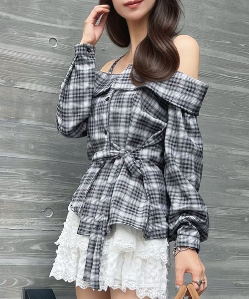 セール】チェック柄ウエストリボンオフショルトップス【初回分完売