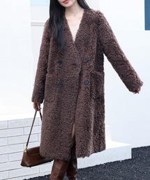 Lace Ladies（レースレディース）の「Vネック ダブル ブレスト ボア ファー コート（ノーカラーコート）」