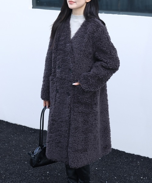 Vネック ダブル ブレスト ボア ファー コート