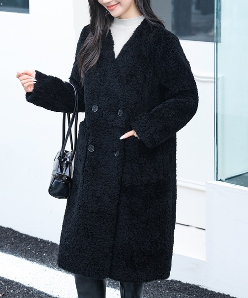 Vネック ダブル ブレスト ボア ファー コート