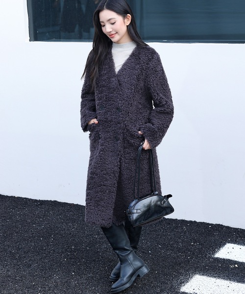 Vネック ダブル ブレスト ボア ファー コート