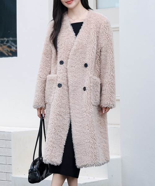 Lace Ladies(レースレディース)の「Vネック ダブル ブレスト ボア ファー コート(ノーカラーコート・レディース・ブラック/チャコールグレー/ベージュ/ブラウン・FREE)」の21枚目の写真