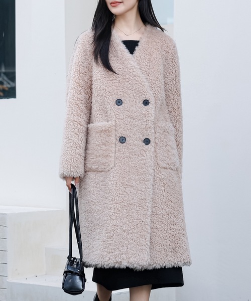 Lace Ladies(レースレディース)の「Vネック ダブル ブレスト ボア ファー コート(ノーカラーコート・レディース・ブラック/チャコールグレー/ベージュ/ブラウン・FREE)」の22枚目の写真