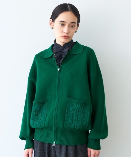 MEDE19F(メデジュウキュウ)の「MEDE19F コットンブレンドニットジャケット(ブルゾン・レディース・ブラック/グリーン・M/L/LL)」の2枚目の写真