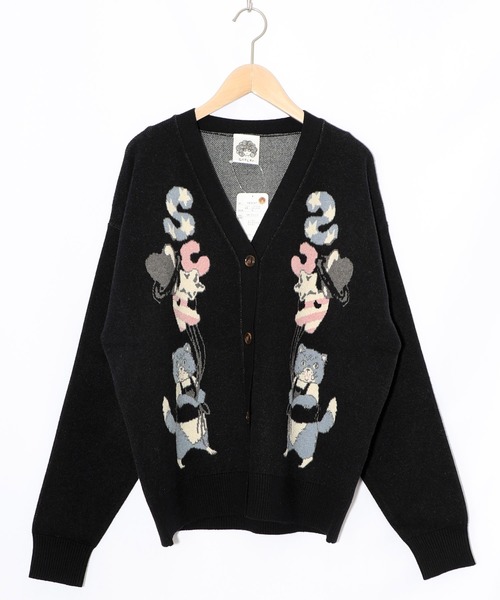 ScoLar(スカラー)の「153727:風船ネコちゃんジャガードニットカーディガン(カーディガン/ボレロ・レディース・グリーン/パープル/ブラック・M)」の1枚目の写真