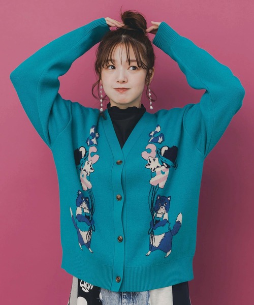 ScoLar(スカラー)の「153727:風船ネコちゃんジャガードニットカーディガン(カーディガン/ボレロ・レディース・グリーン/パープル/ブラック・M)」の21枚目の写真