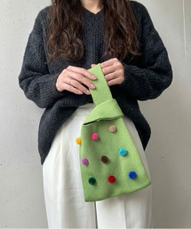 knit color bag/ポンポンつきニットバッグ