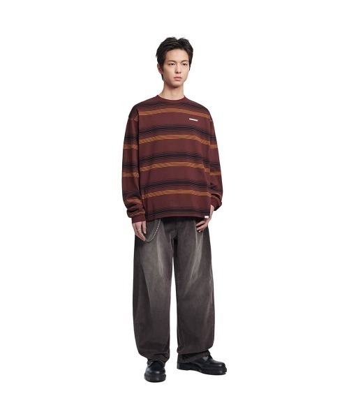NOMANUAL(NOMANUAL)の「「NOMANUAL /ノーマニュアル」NM ストライプド ロング スリーブT(Tシャツ/カットソー・メンズ・バーガンディー/ブラック・M)」の3枚目の写真