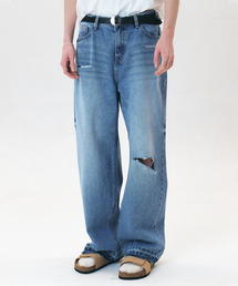 KNIFE CUT DESTROYED JEANS - WASHED BLUE