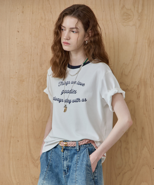 MAXZA(マージャコレクション)の「配色ラウンドネックレタリング半袖Tシャツ(Tシャツ/カットソー・レディース・グレー/ホワイト/ネイビー・FREE)」の4枚目の写真