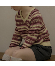 Vintage punching jacquard V-neck knit [KNFW05SW01]_[2color]