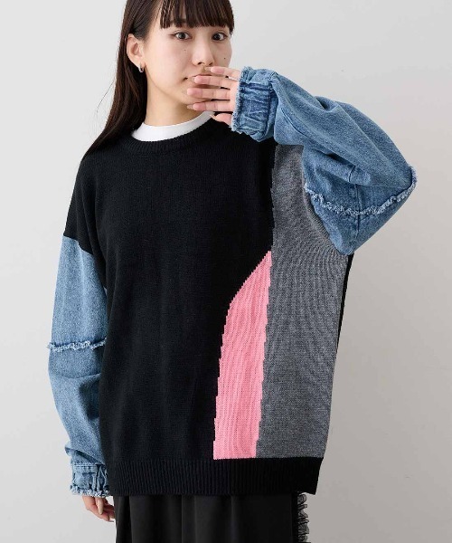 MEDE19F(メデジュウキュウ)の「MEDE19F 加工デニムスリーブコンビニット(ニット/セーター・レディース・グレー系その他/ブラウン系その他/ブラック系その他・LL/L/M)」の2枚目の写真