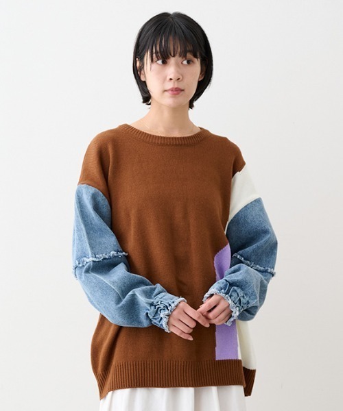 MEDE19F(メデジュウキュウ)の「MEDE19F 加工デニムスリーブコンビニット(ニット/セーター・レディース・グレー系その他/ブラウン系その他/ブラック系その他・LL/L/M)」の3枚目の写真