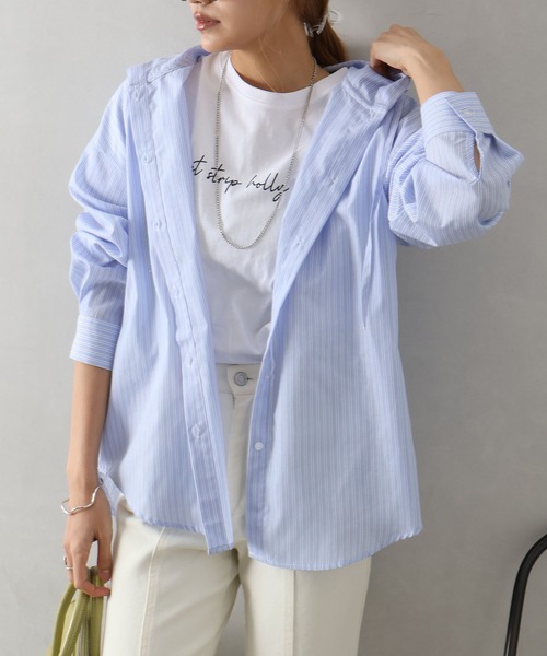 SpRay（スプレイ）の「ストライプフードシャツ（シャツ/ブラウス・レディース・イエロー/ネイビー/ピンク/サックスブルー・FREE）」の2枚目の写真