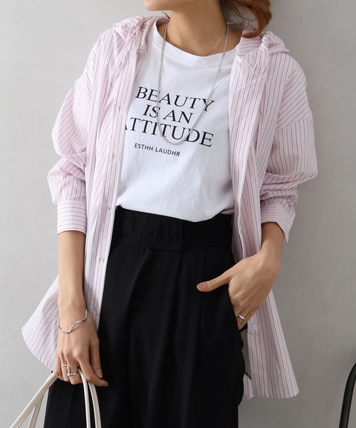 SpRay（スプレイ）の「ストライプフードシャツ（シャツ/ブラウス・レディース・イエロー/ネイビー/ピンク/サックスブルー・FREE）」の4枚目の写真