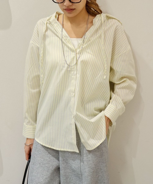 SpRay（スプレイ）の「ストライプフードシャツ（シャツ/ブラウス・レディース・イエロー/ネイビー/ピンク/サックスブルー・FREE）」の14枚目の写真