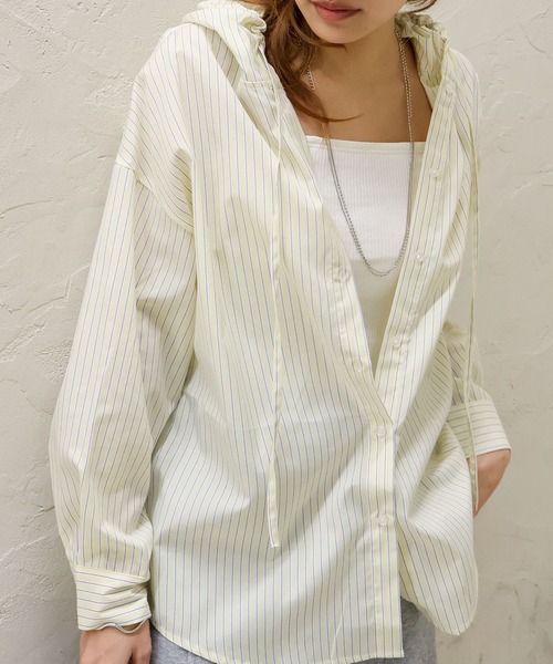 SpRay（スプレイ）の「ストライプフードシャツ（シャツ/ブラウス・レディース・イエロー/ネイビー/ピンク/サックスブルー・FREE）」の19枚目の写真