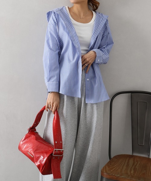 SpRay（スプレイ）の「ストライプフードシャツ（シャツ/ブラウス・レディース・イエロー/ネイビー/ピンク/サックスブルー・FREE）」の21枚目の写真